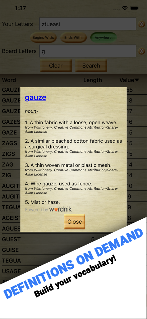 Interfaz de la aplicación Word Breaker que muestra la definición de la palabra 'gauze' para ayudar a construir vocabulario