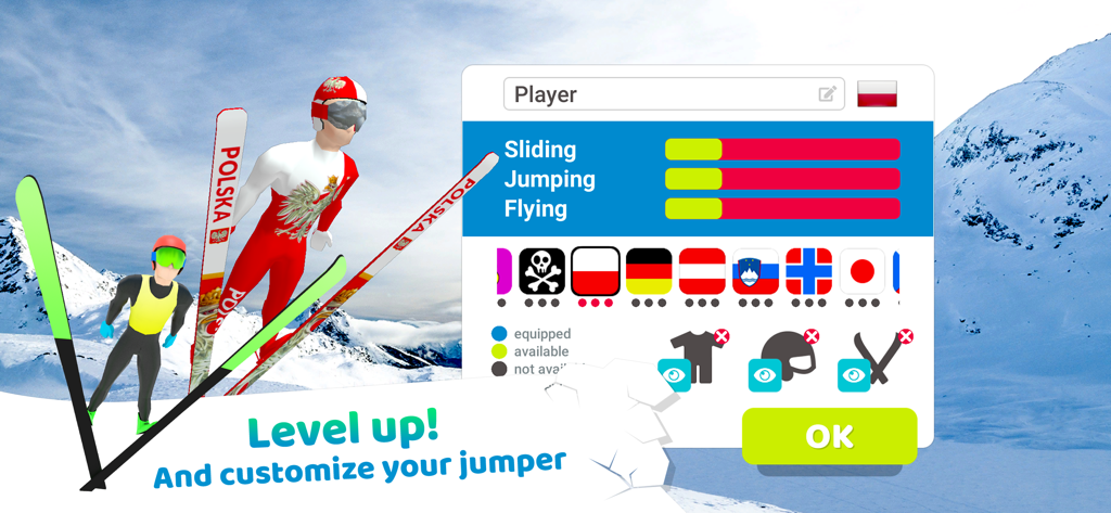 Ski Jump 18 customization screen showing player stats and national flag choices
