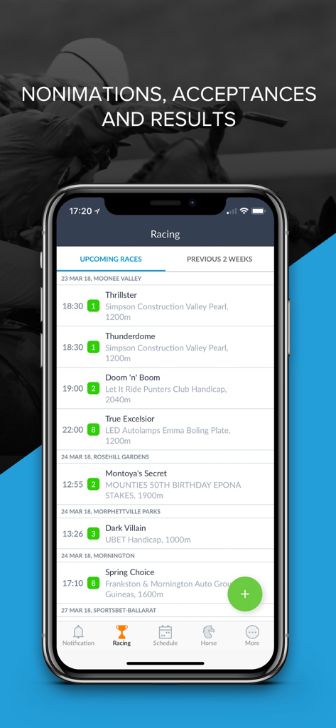 Prism - Horse Management - Prism app interface showing upcoming horse racing schedules and results