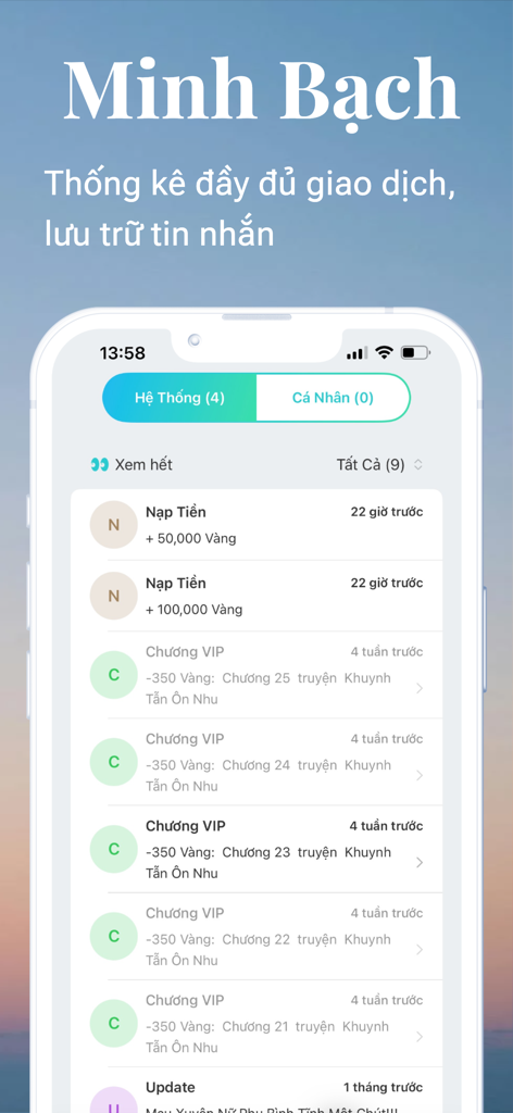TruyenHD - Đọc Truyện Full - TruyenHD app interface showing transaction history and financial transparency.