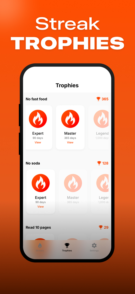 Interface of StreakUp app showing trophies and awards for consistent habits
