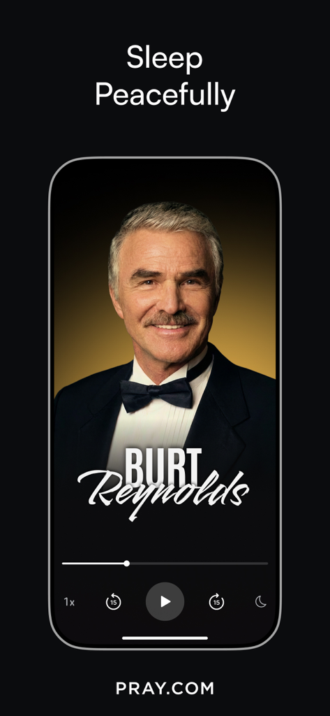 Interfaz de historia para dormir de la aplicación Pray con Burt Reynolds como narrador para un sueño tranquilo.