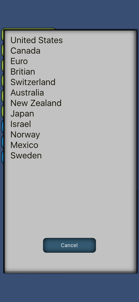 Menu for selecting currency regions like United States and Canada in the Cash Register Express app