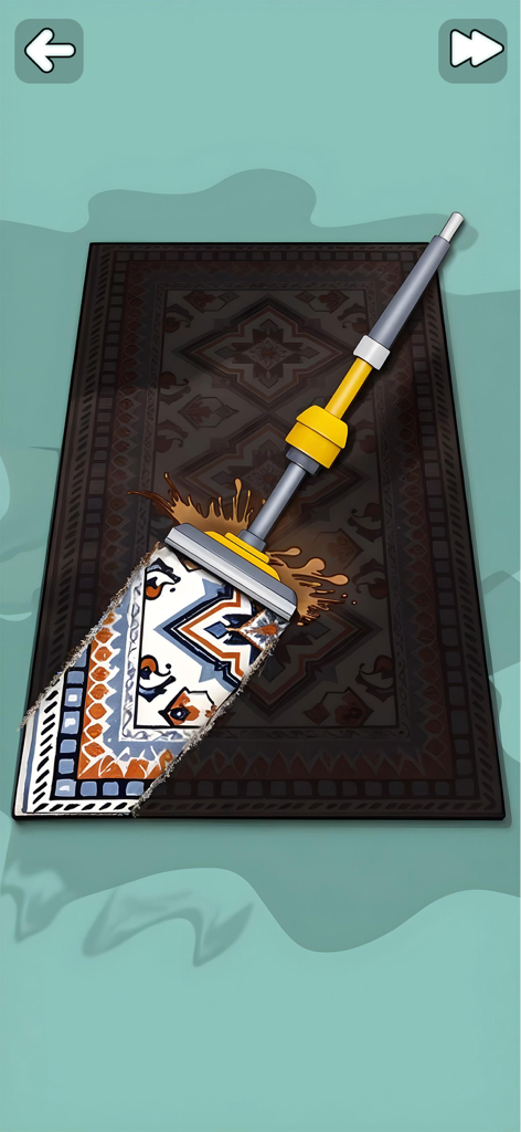 Satisjoy: Organize Tidy Puzzle - Una herramienta de limpieza elimina la suciedad de una alfombra revelando un patrón vibrante debajo.