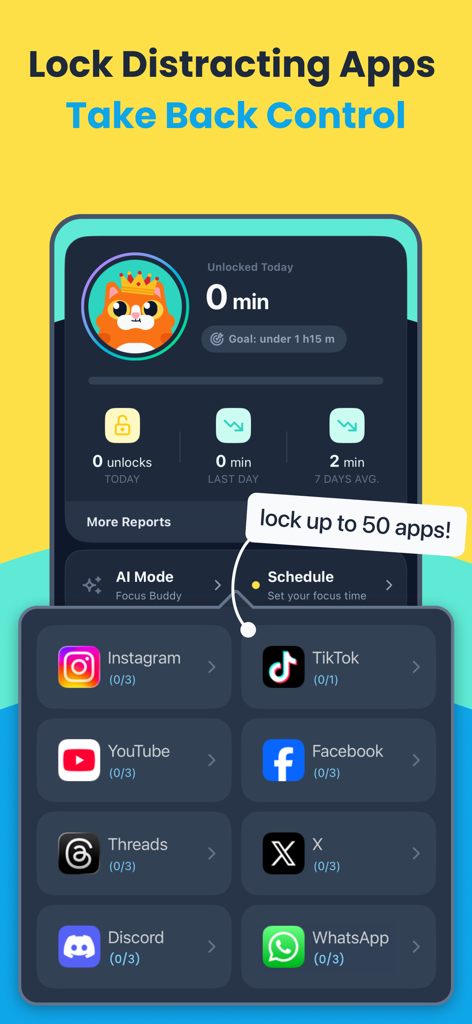 Clarymind: Focus + Self Care - Clarymind app dashboard for locking distracting apps and monitoring screen time to improve focus