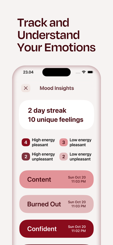 Sourhealing app interface displaying mood insights emotional logs and energy level categories for self care tracking