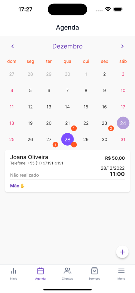 Pantalla de la aplicación móvil Salão 365 que muestra un calendario de diciembre y detalles de citas para un servicio de salón