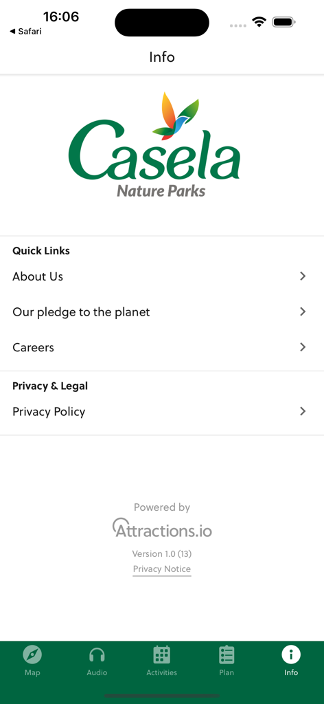 カセラ・ネイチャー・パークのモバイルアプリの情報画面。私たちについてやプライバシーポリシーへのリンクが表示されています。
