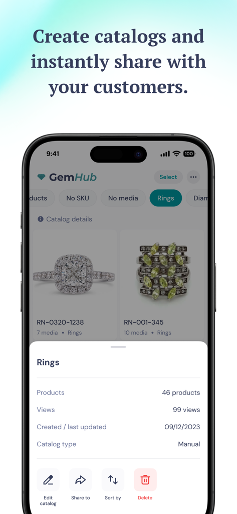 GemHub - Schermata dell'app mobile GemHub che mostra cataloghi di prodotti di gioielleria con opzioni di condivisione e modifica