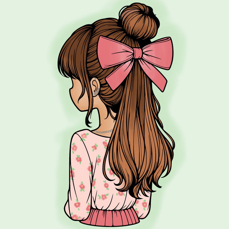 realistic girl  with hip length hair a bun and a big bow on the back of head