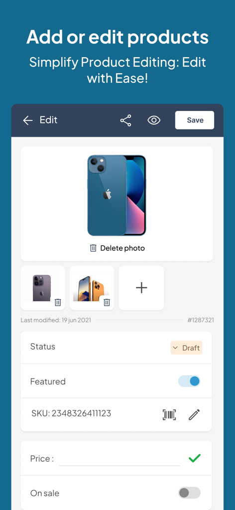 Mobile Oberfläche der Hippoo-App, die den Produktbearbeitungsbildschirm für einen WooCommerce-Shop anzeigt.