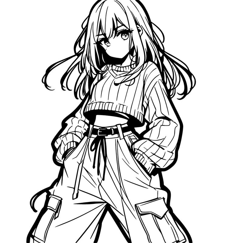 anime teen girl with baggy pants and crop top with sweater
