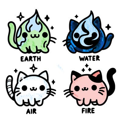4 cats that represent the different elements, earth, water, air, and fire