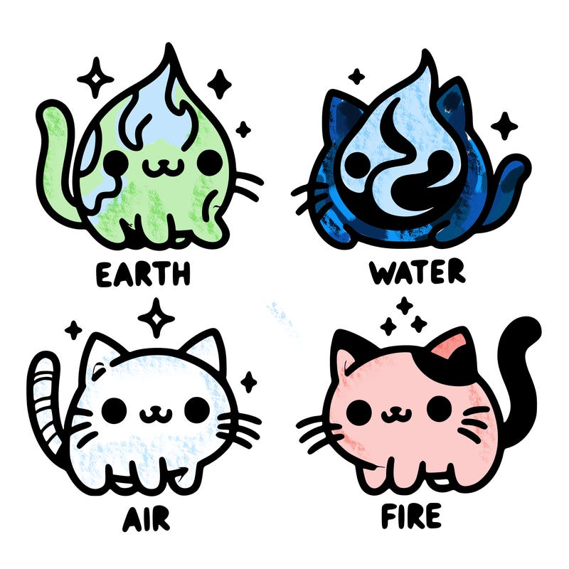 4 cats that represent the different elements, earth, water, air, and fire