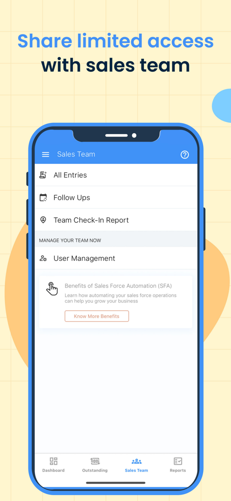 Biz Analyst App for Tally User - Interfaz de la aplicación Biz Analyst para la gestión del equipo de ventas y la automatización de la fuerza de ventas.
