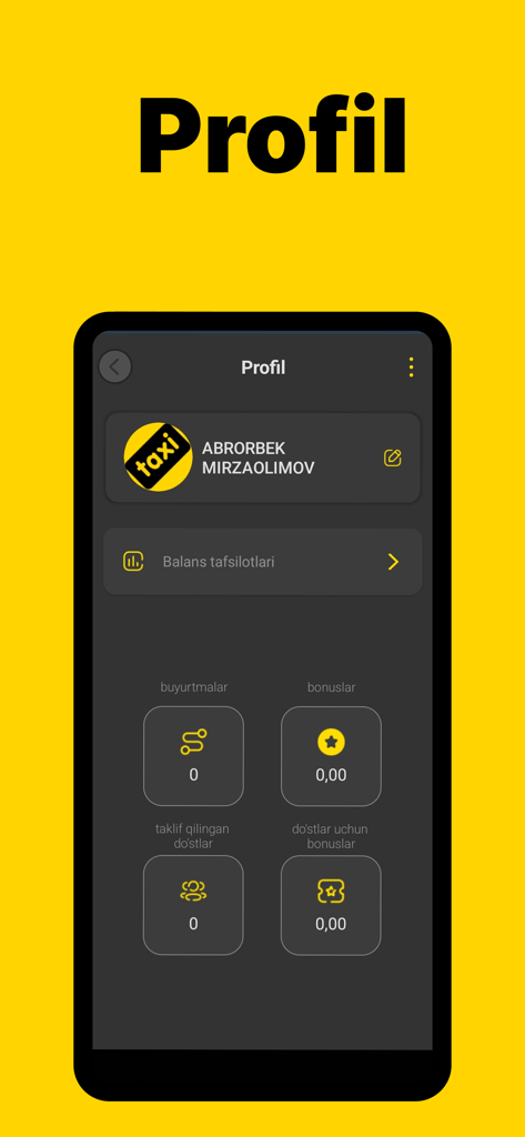 Metro Taxi: Такси и Доставка - User profile screen of the Metro Taxi app showing account balance, orders, and referral bonuses in Uzbek language.