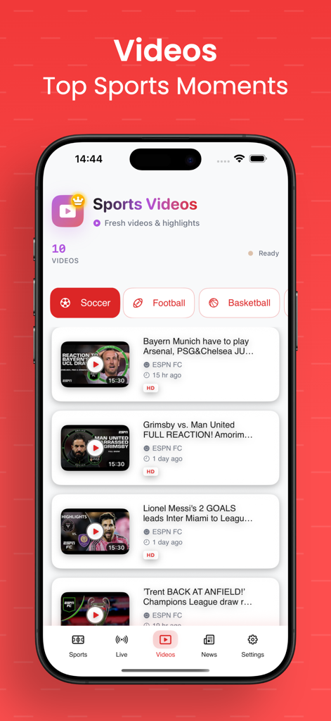 Hola Sports – Live Football - Hola Sports app screen showing top soccer video moments and highlights