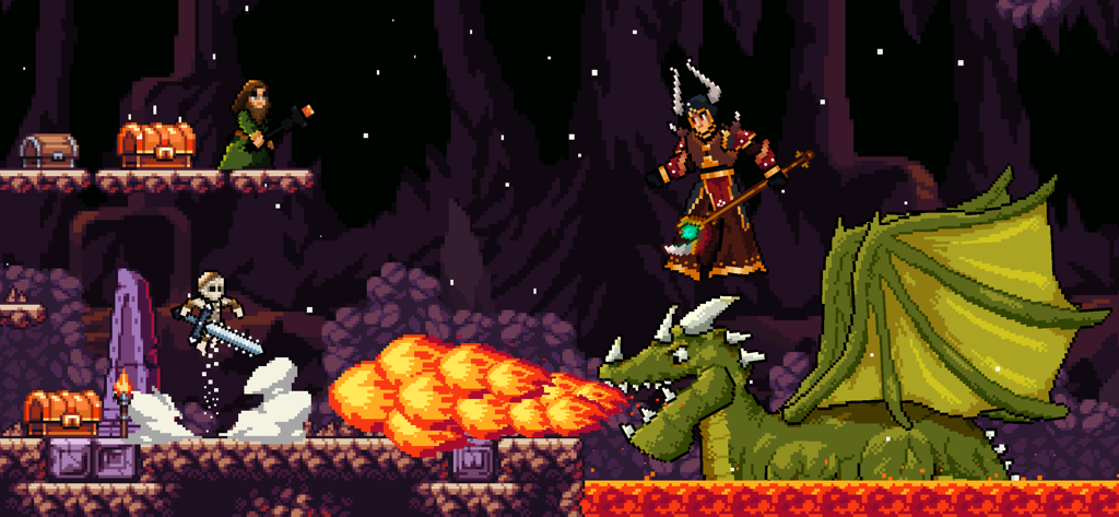 Apple Knight - Personagem de Apple Knight lutando contra um grande dragão verde cuspindo fogo em um nível de caverna