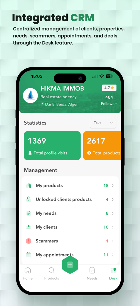 Aqarimmo pro - Painel do CRM imobiliário Aqarimmo Pro exibindo estatísticas da agência e ferramentas de gerenciamento.