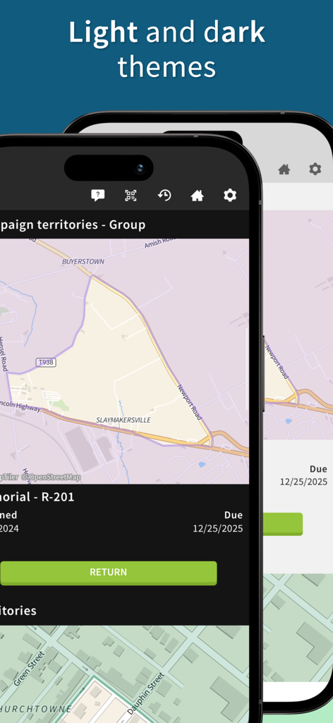 Dos smartphones que muestran la aplicación Territory Helper en modos claro y oscuro, mostrando asignaciones de mapas