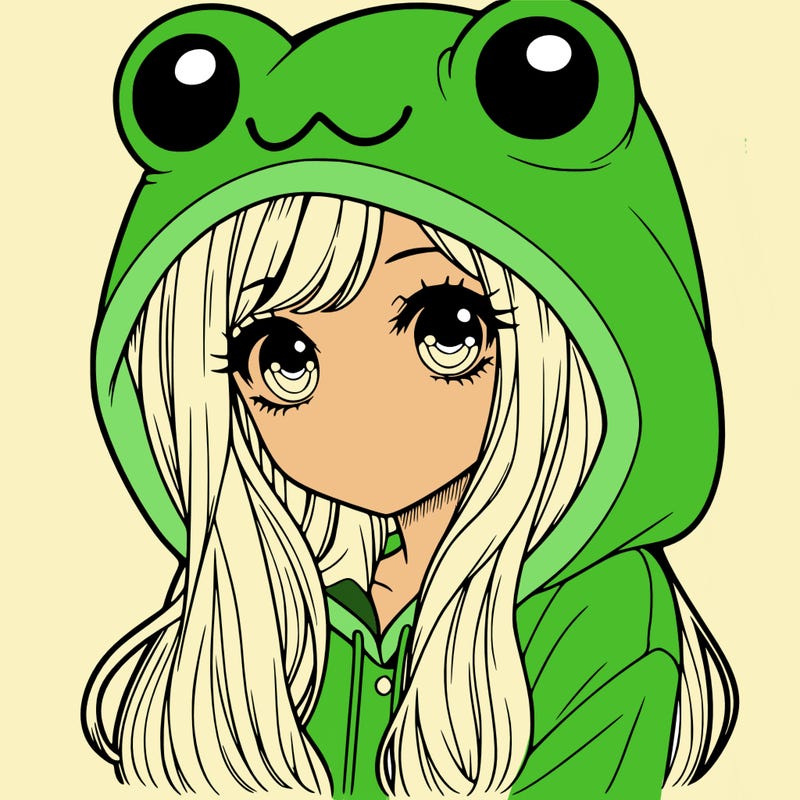 a pretty girl wearing a frog hoodie portrait with long hair