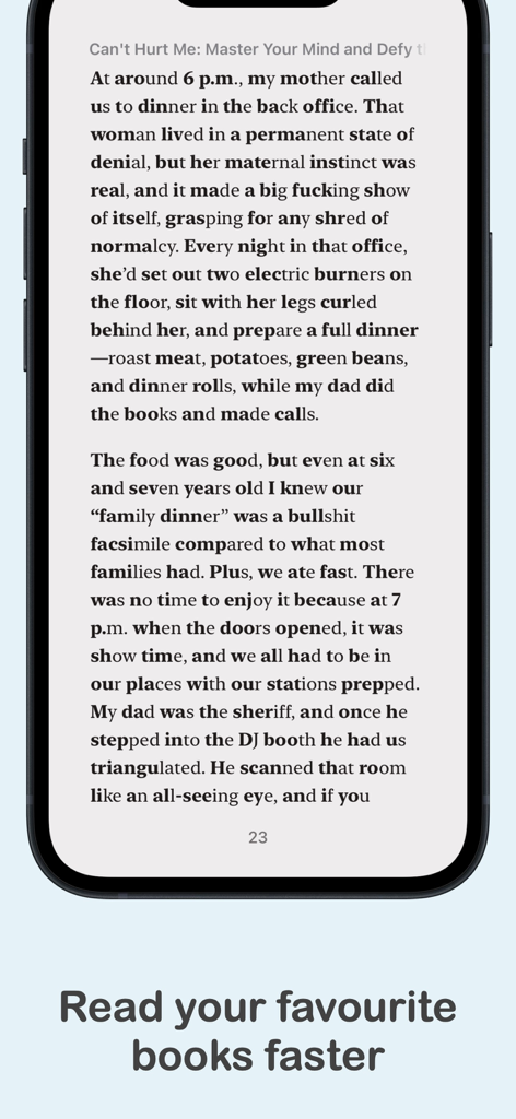 Speed Reading: Bionica - Schermata dello smartphone che mostra una pagina di libro con testo in grassetto di lettura bionica per una comprensione più rapida.