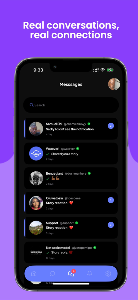 Watever - The messages interface of the Watever app displaying user conversations and story replies