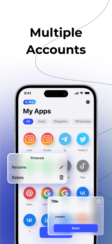 Parallel Space & Dual Account - iPhone screen displaying the Parallel Space app interface with multiple social media accounts and options to rename or delete them