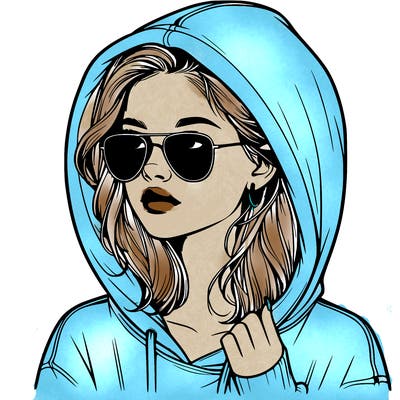realistic teenage girl, wearing a hoodie and sunglasses