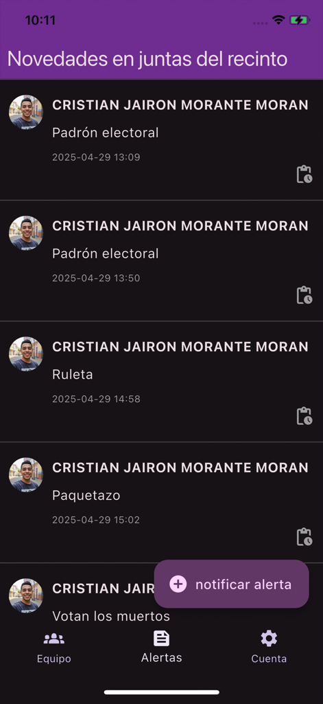 Tableau de bord affichant une liste d'incidents électoraux signalés et un bouton d'alerte de notification dans l'application eXACTO 2025