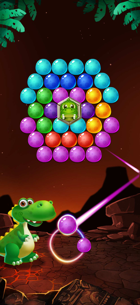 A cute green dinosaur aiming a purple bubble at a cluster of colorful bubbles to rescue a baby dragon.