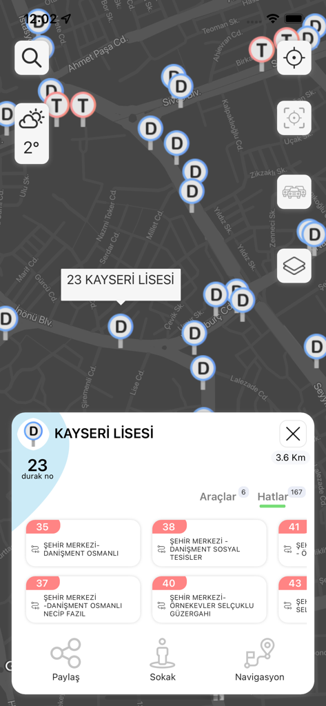 KBB Trafik - Interfaccia della mappa dell'app KBB Trafik che mostra le linee degli autobus e le informazioni sulle fermate per Kayseri Lisesi.