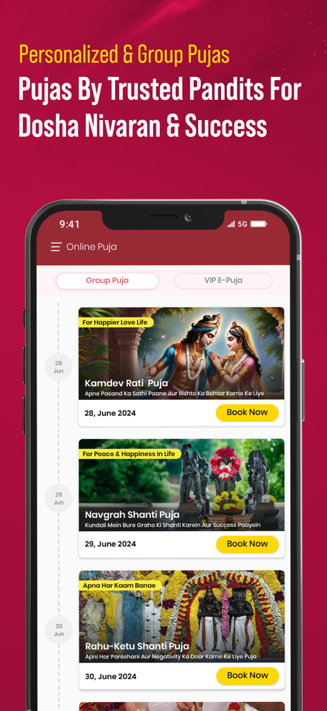 Screenshot of the Anytime Astro app showing the Online Puja section where users can book personalized and group rituals like Kamdev Rati Puja and Navgrah Shanti Puja.
