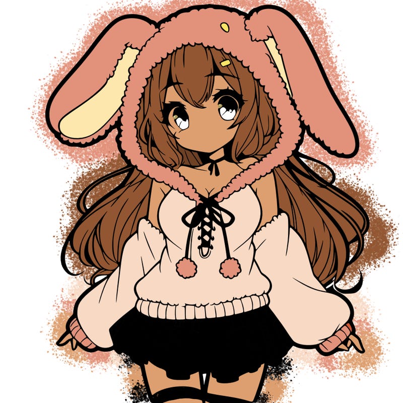 pretty anime girl wearing a fluffy hoodie with bunny ears on the hood and a skirt