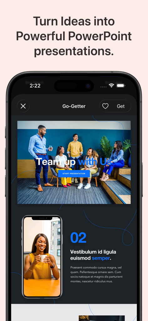 Microsoft Office용 도구 앱의 현대적인 전문가 수준 PowerPoint 프레젠테이션 템플릿을 보여주는 iPhone 인터페이스.