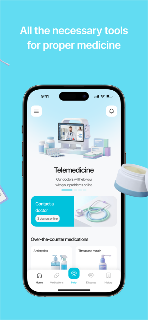 EduMed Plus - Interfaz de la aplicación móvil EduMed Plus que muestra opciones de consulta de telemedicina y categorías de medicamentos de venta libre.