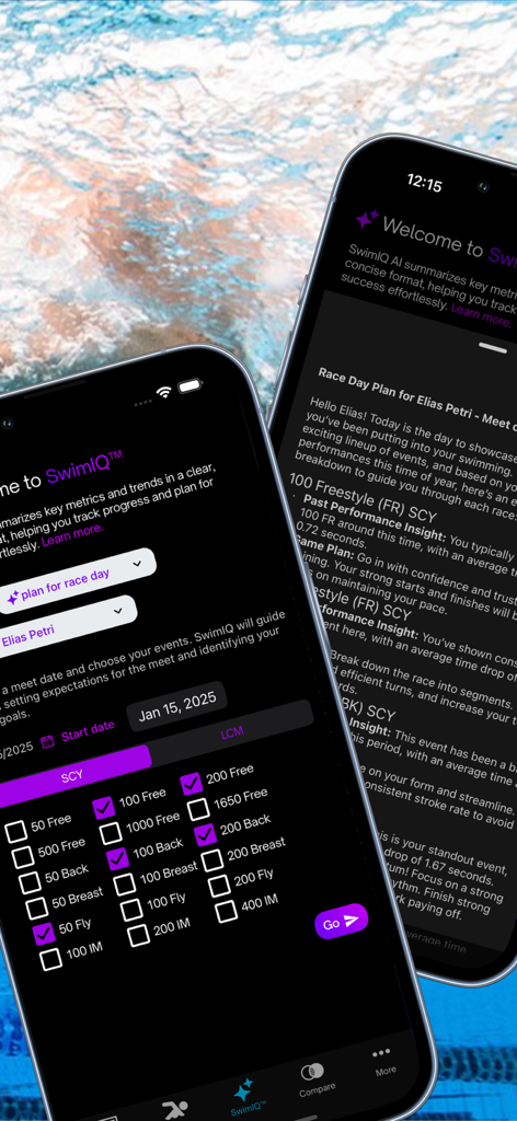 Swimmetry app screens showing SwimIQ AI race day planning and competitive swim event selection