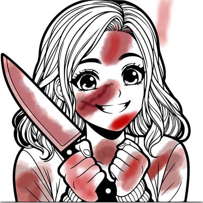 a realistic girl holding a knife and grinning