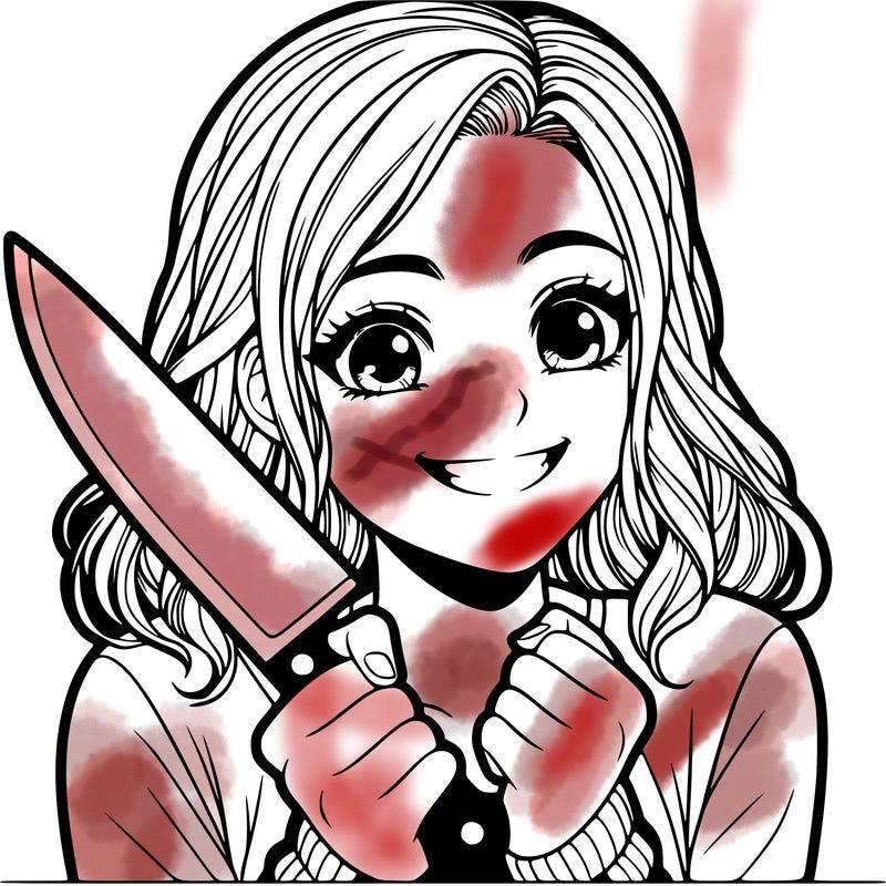 a realistic girl holding a knife and grinning