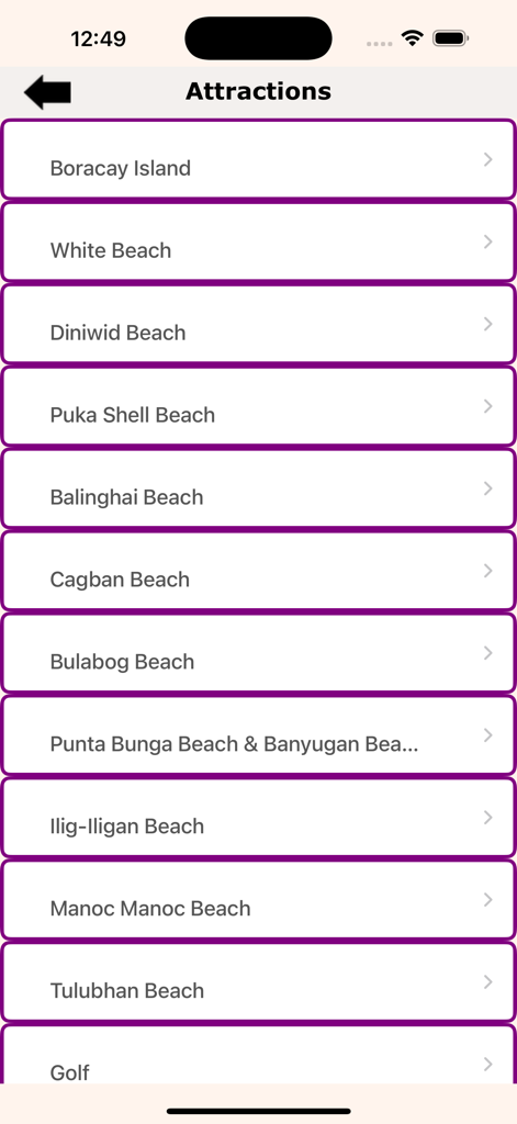 Boracay - Island Guide - A mobile app screen showing a list of top attractions and beaches in Boracay