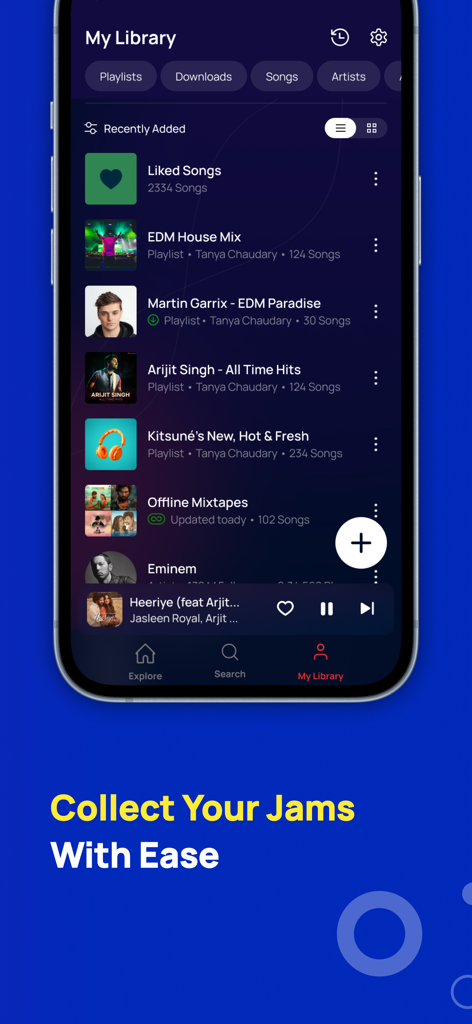 Interface of the Gaana Music app showing the My Library screen with various playlists and a mini player featuring Arijit Singh