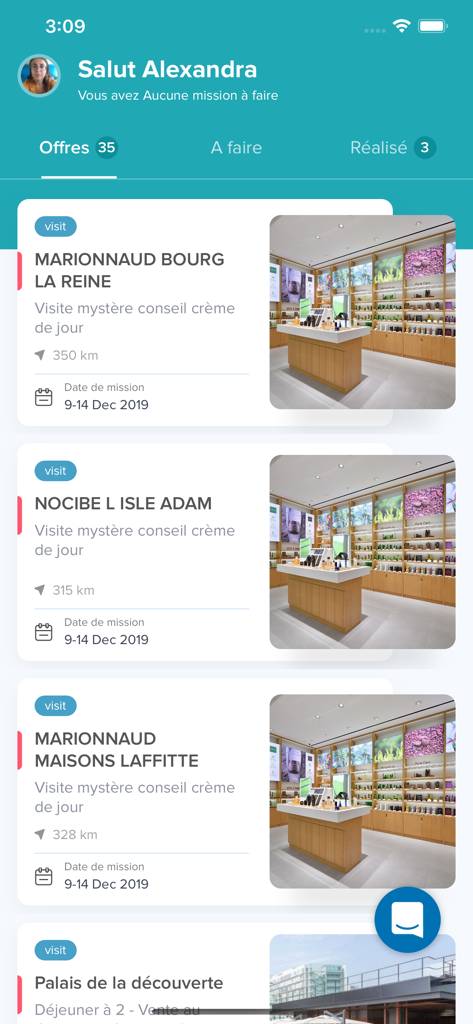 Smice mobile app interface showing a list of available mystery shopping missions in retail stores