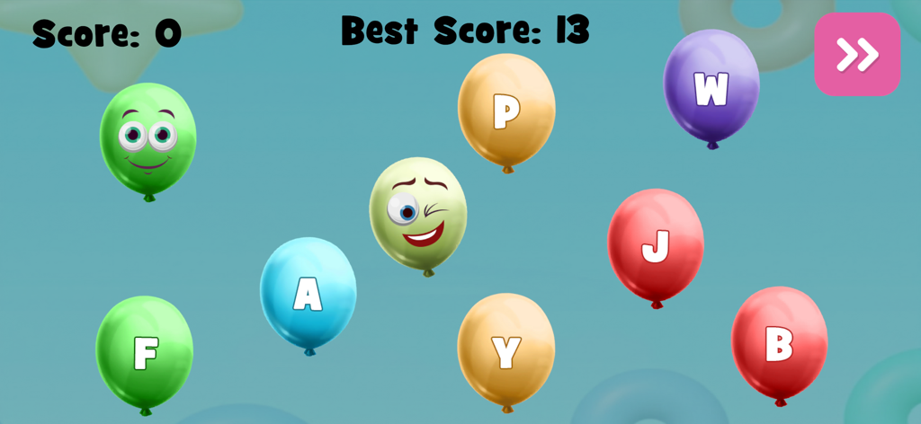 Autism Learning Games For Kids - Kids learning game screen featuring colorful balloons with letters and friendly faces