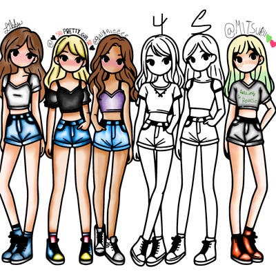 a group of girls wearing crop tops and shorts