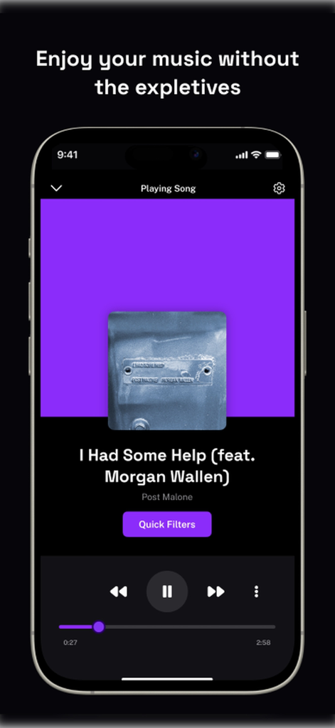 Verso: Clean Music AI - Versoアプリのスクリーンショット。Post Maloneの曲を再生し、「不適切語なしでお楽しみください」というテキストが表示されています。