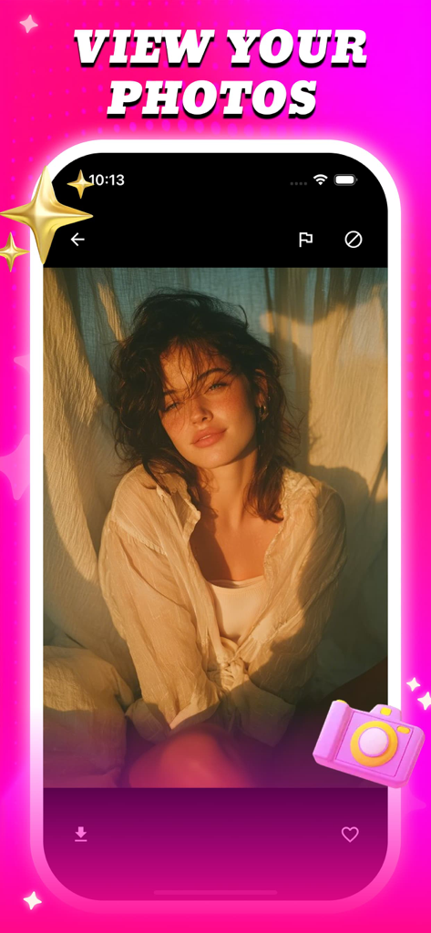 Bevo - - Interfaz de la aplicación Bevo mostrando una foto de retrato con opciones para descargar o marcar como favorita