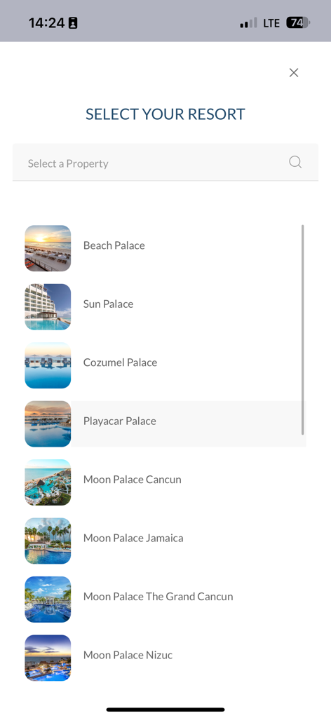 Palace Elite - Pantalla de selección de resort en la aplicación Palace Elite mostrando una lista de opciones de resorts de lujo.