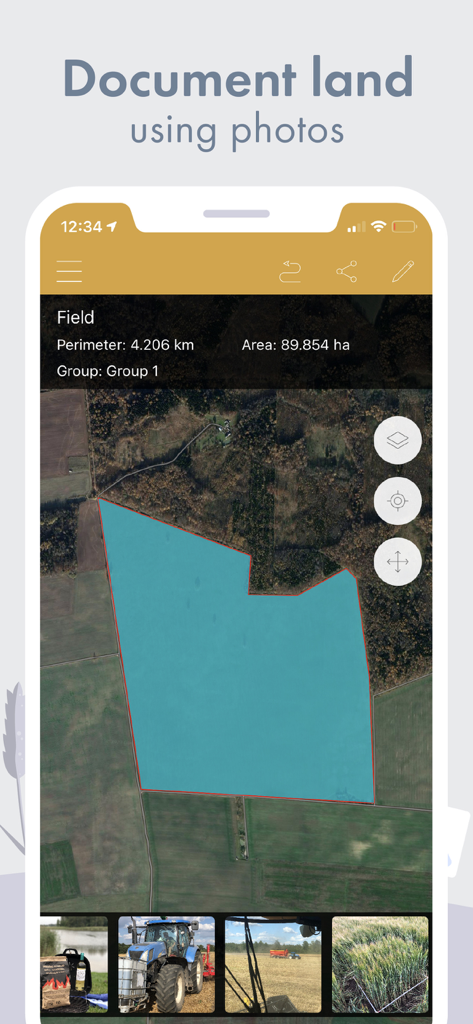 Satellite map showing a field area of 89 hectares with a gallery of land documentation photos.