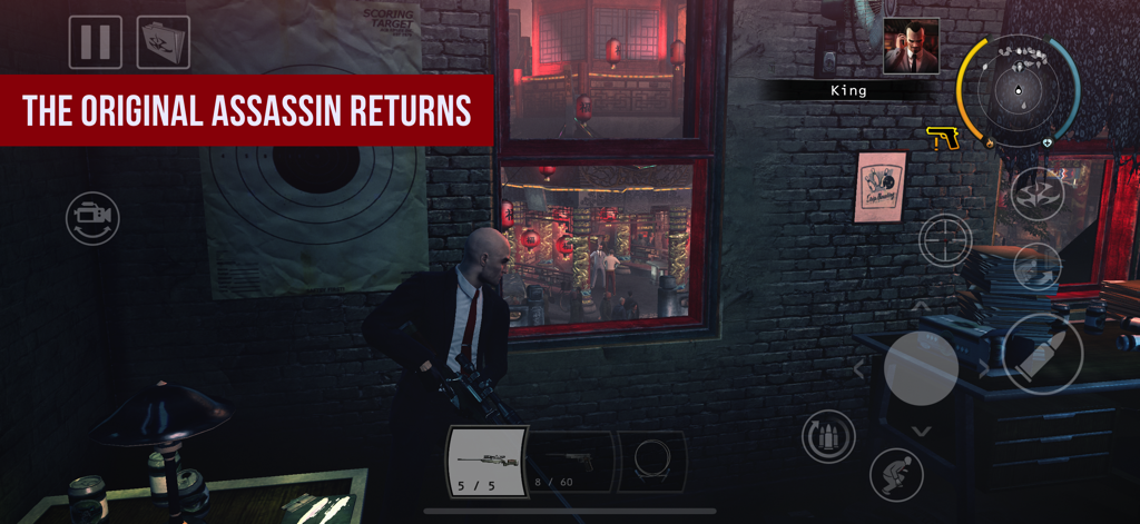 Hitman: Absolution - Agent 47 aiming a sniper rifle from a window in Hitman Absolution on iOS