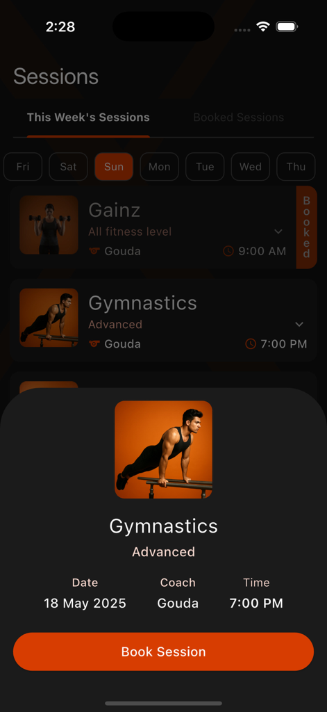 Athletix Eg - Athletix Eg mobile app screen showing gymnastics session booking details with date time and coach name